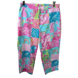 Vintage Lilly Pulitzer Cat Bird Pineapple Patchwork Ankle Pants Coastal Size 8